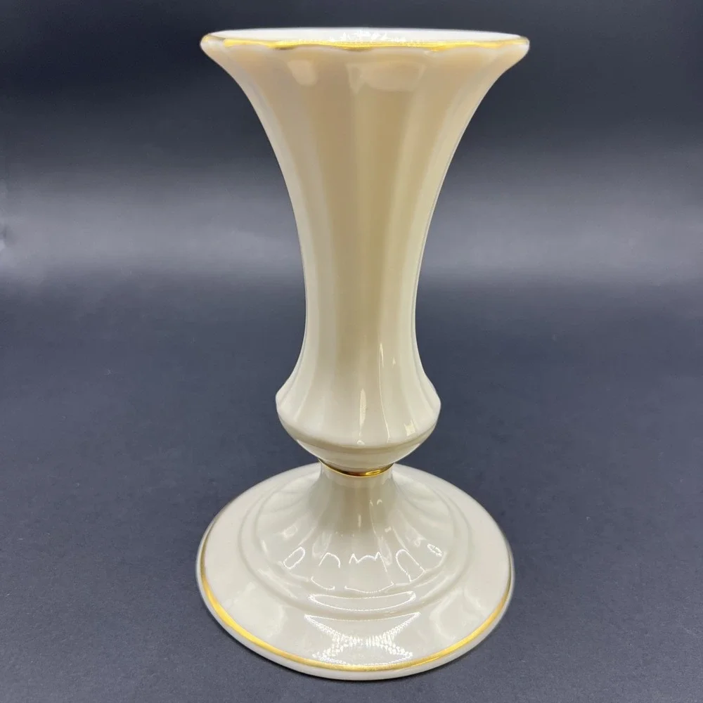 VTG Lenox‎ Classic Collection Fluted Candlestick Bone China Cream Gold Trim USA